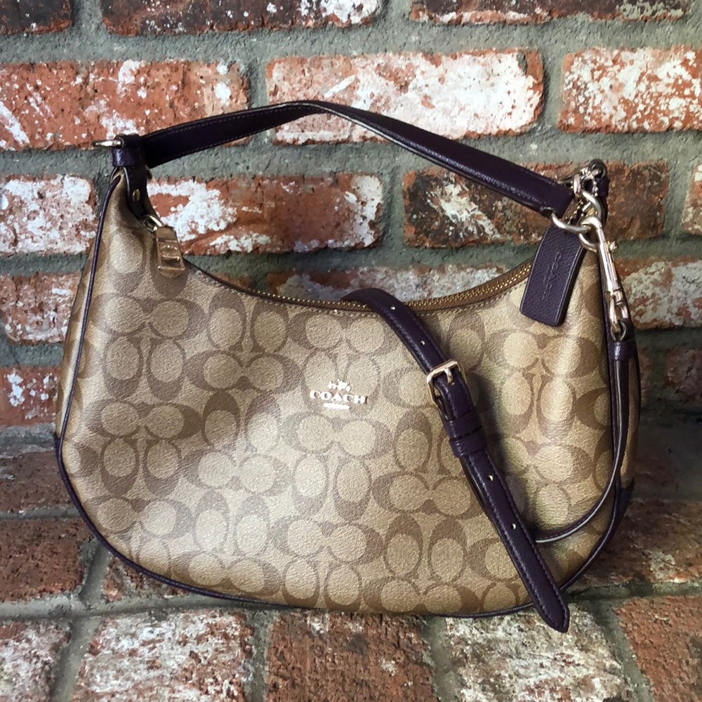Purple leather trim Signature print Coach shoulder bag